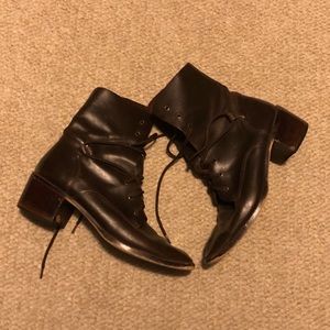 Brown leather lace up block heeled booties